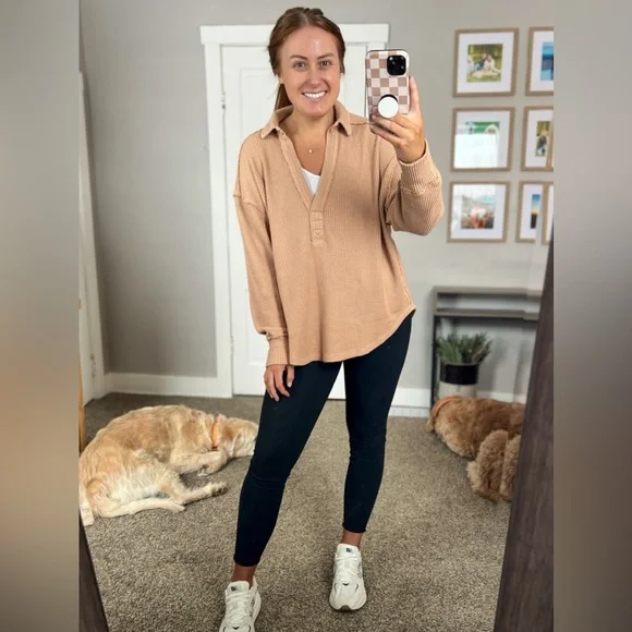 Aerie Lumber Jane Waffle Polo Long Sleeve Top Oversized Tan Size Medium - Picture 7 of 8